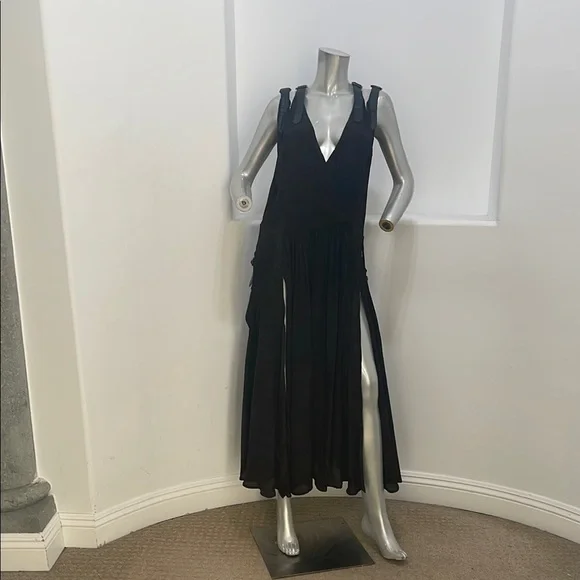 Nicholas K Midi Silk Dress Black Camo Leather Buckled Straps and Zipper Accent M Nicholas K Midi Silk Dress Black Camo Leather Buckled Straps and Zipper Accent M